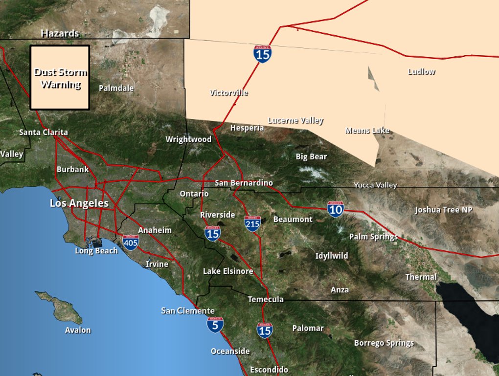 NWSSanDiego's tweet photo. ⚠️ DUST STORM WARNING ⚠️

For the High Desert through 3 PM. Blowing dust may result in near-zero visibility at times. 

Travel impacts can be expected on I-15 between Hesperia and Barstow, as well as Highway 247. 

Stay indoors if possible. Drive with extreme caution! #cawx https://t.co/RVExAVG8bi