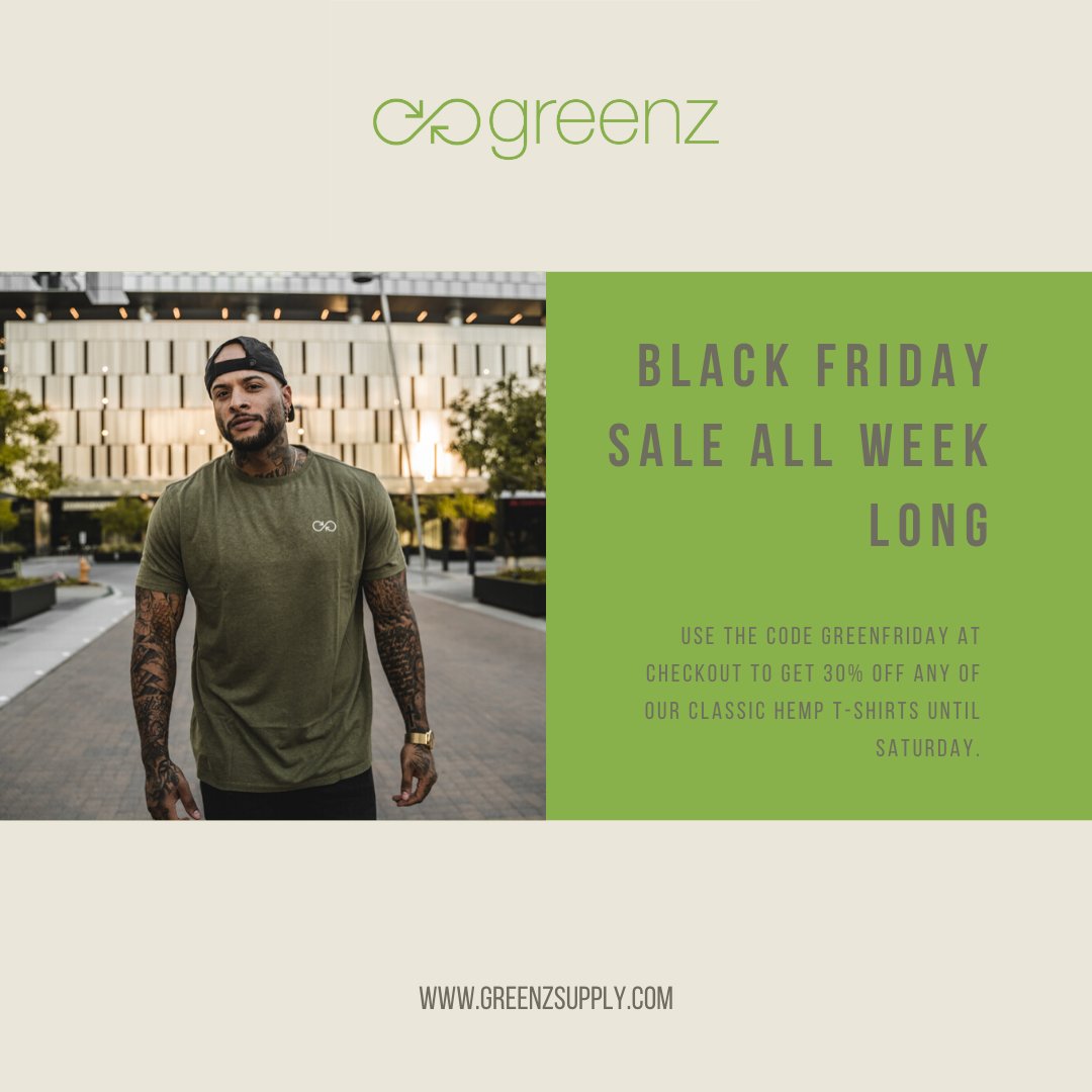 greenzsupply's tweet photo. Black Friday ALL WEEK long here at Greenz.
🌲
Ready to feel the thermoregulating, hypoallergenic, moisture-wicking comfort of a hemp-based tee?
🌲
Get 30% Off our classic hemp t-shirts until Saturday, by using the code GREENFRIDAY at checkout. 
🌲
https://t.co/J8WnGc6hL4 https://t.co/wFcwMlYwMD