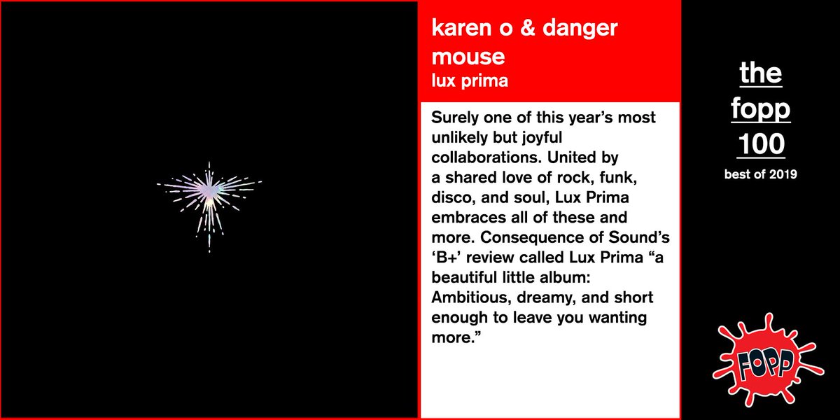 FOPPofficial's tweet photo. .@KarenO & @DangerMouseJuke are an incredible duo and together they made an incredible album, #luxprima is today's album from #thefopp100, own it in-stores today #gettofopp. https://t.co/oe4TqIIXmc