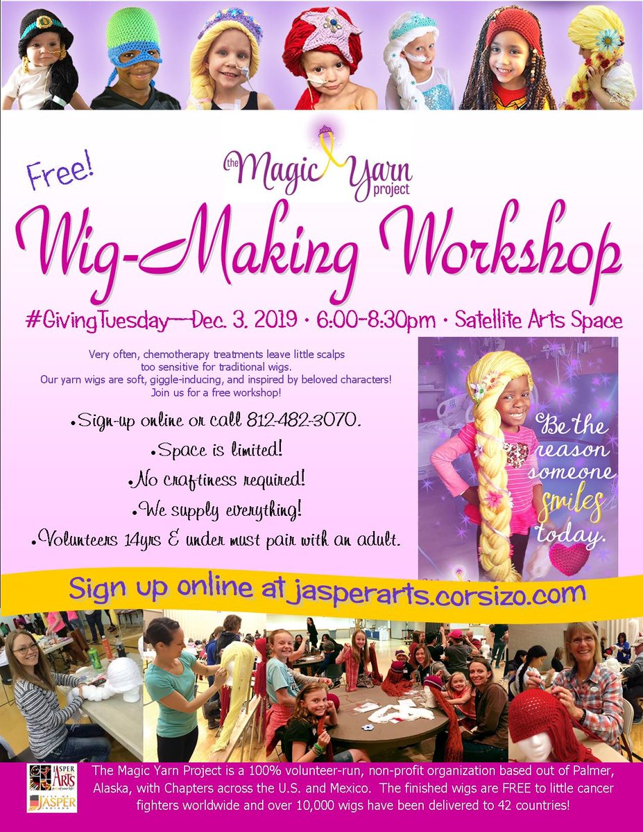 ArtsInJasper's tweet image. Join us on #GivingTuesday, December 3rd for a
FREE Wig-Making Workshop!
Sign up today at jasperarts.corsizio.com
Space is limited!
@JasperGov #jaspercommunityarts #wigworkshop #themagicyarnproject #100percentvolunteermade #100percentfreetochildrenworldwide #elsa #anna #Frozen2