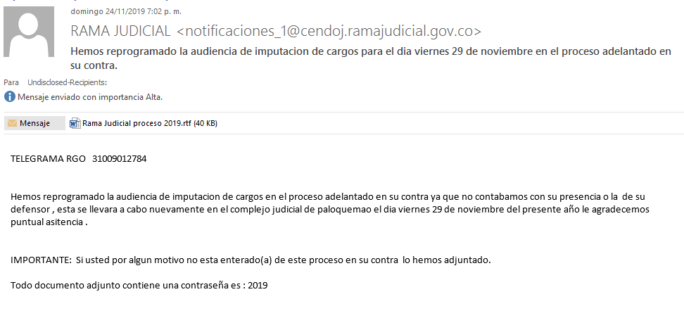 colCERT's tweet photo. ¡Alerta! campaña maliciosa a través de correo electrónico con asunto "Hemos reprogramado la audiencia..." está siendo enviado masivamente de manera fraudulenta a nombre de la Rama Judicial @judicaturacsj "se recomienda eliminar de inmediato el correo"  @mindefensa @CaiVirtual https://t.co/XH6KBGWbrr