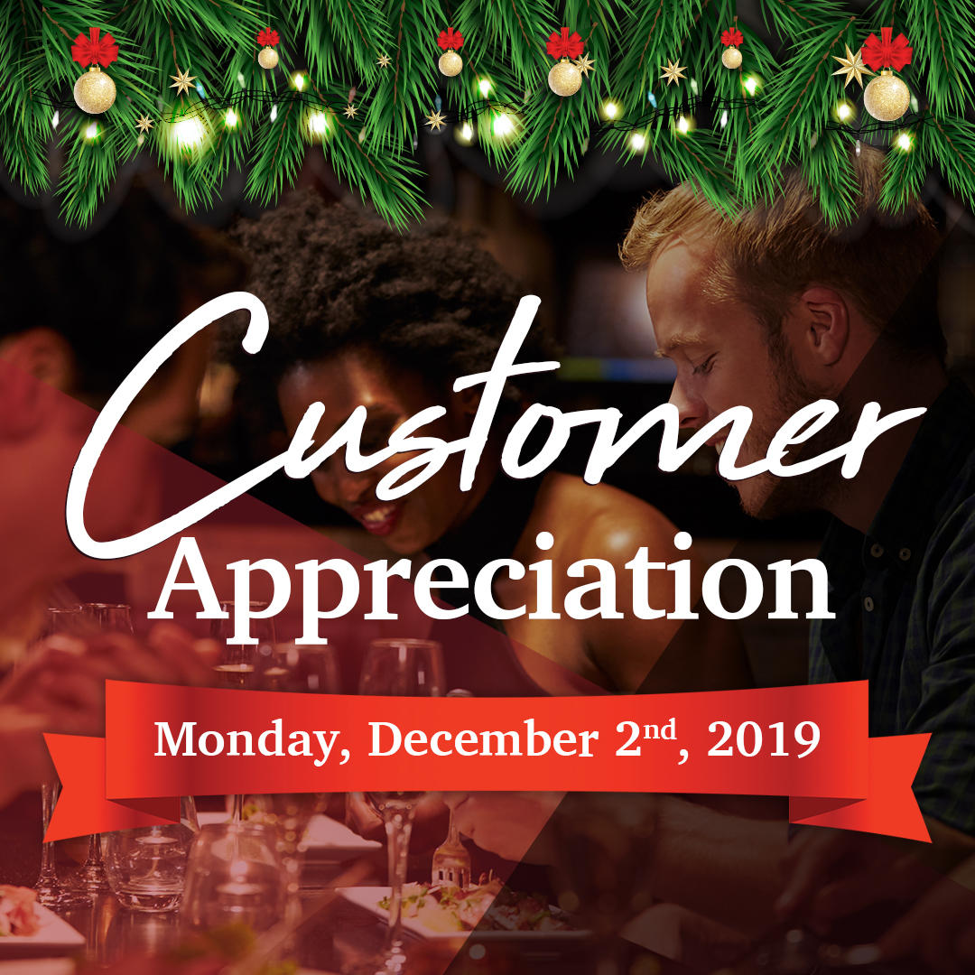 SawmillPrimeRib's tweet photo. It's almost December! Join us next Monday, Dec 2 for our annual Customer Appreciation Event! 🎉 For one day only, you will be able to get 15% off of all gift card purchases, AND you can earn double the Sawmill Loyalty points for any purchases over $500! See you there! https://t.co/cJmmuHNeMB