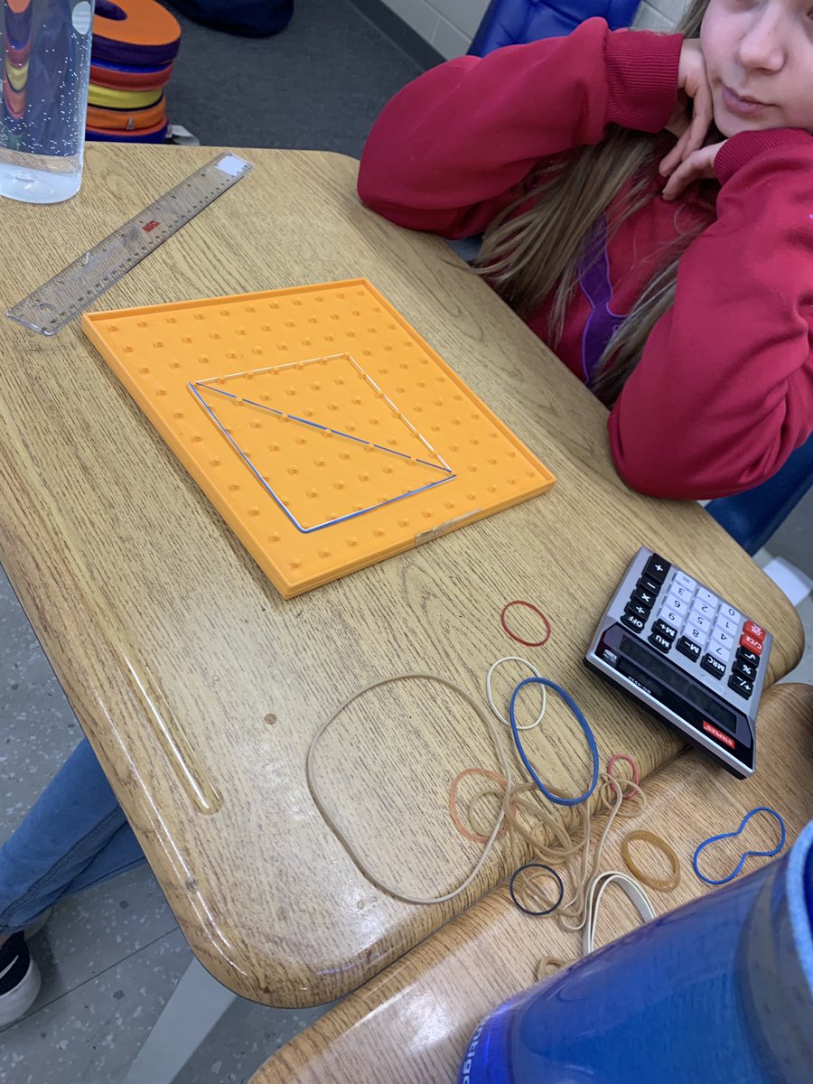 msasully's tweet photo. Still exploring area of squares and rectangles with geoboards today let to the discovery of why we divide 2 for area of a triangle @CobblestoneES @GEDSB #mathisgrand https://t.co/UDfPbOWQ6f
