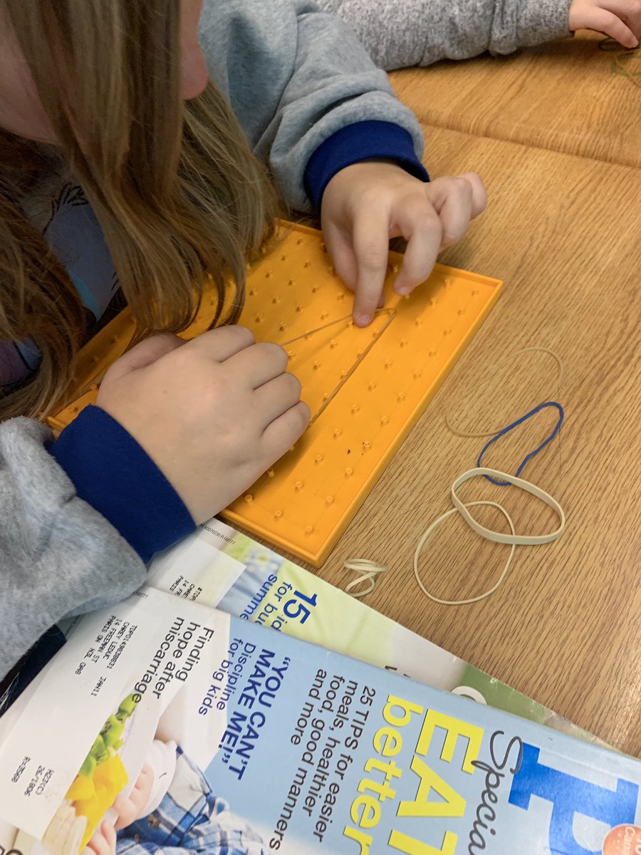 msasully's tweet photo. Still exploring area of squares and rectangles with geoboards today let to the discovery of why we divide 2 for area of a triangle @CobblestoneES @GEDSB #mathisgrand https://t.co/UDfPbOWQ6f