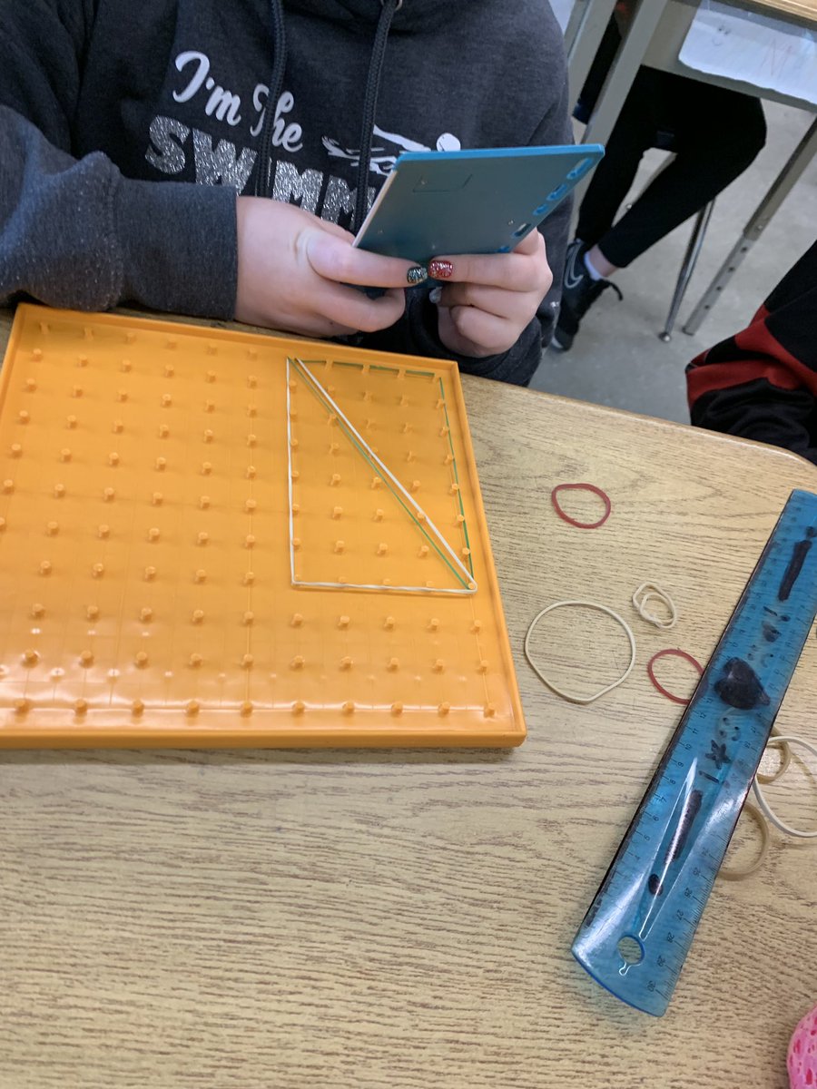 msasully's tweet photo. Still exploring area of squares and rectangles with geoboards today let to the discovery of why we divide 2 for area of a triangle @CobblestoneES @GEDSB #mathisgrand https://t.co/UDfPbOWQ6f