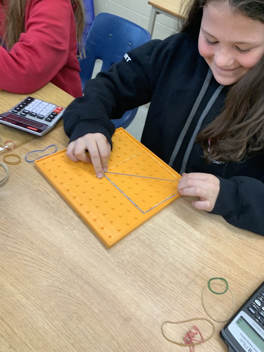 msasully's tweet photo. Still exploring area of squares and rectangles with geoboards today let to the discovery of why we divide 2 for area of a triangle @CobblestoneES @GEDSB #mathisgrand https://t.co/UDfPbOWQ6f
