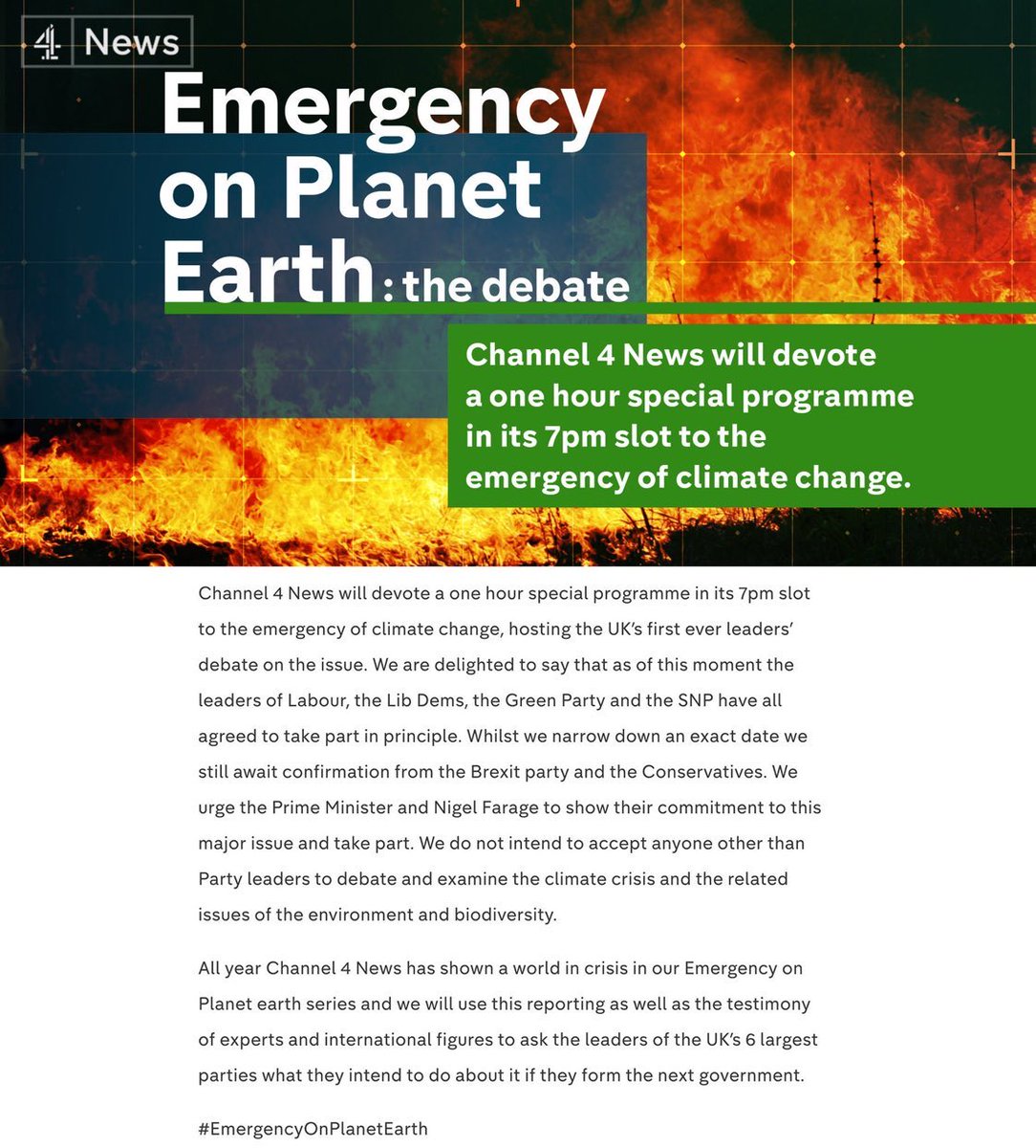 This Thursday 28th <a href="/Channel4News/">Channel 4 News</a> will devote its hour @7 to debate climate change. Thus far Jeremy Corbyn, Nicola Sturgeon, Jo Swinson &amp; Sian Berry have confirmed. The invitation remains open to <a href="/BorisJohnson/">Boris Johnson</a> &amp; <a href="/Nigel_Farage/">Nigel Farage MP</a> but this debate will go ahead with or without them