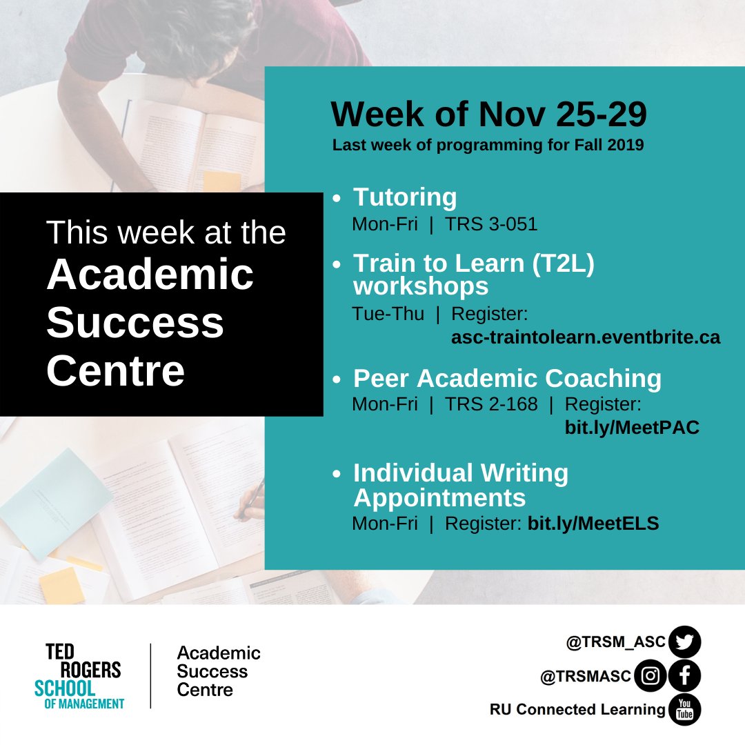Hey @TRSMRyersonU! With the semester coming to an end, and final exams in T-8 days, visit us for workshops and support!📝#TRSMASC #TraintoLearn #ThisisTRSM #AlwaysLearning