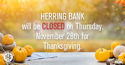 herringbank's tweet photo. Herring Bank will be closed on Thursday, November 28th for Thanksgiving. https://t.co/WSq4TPG9NY