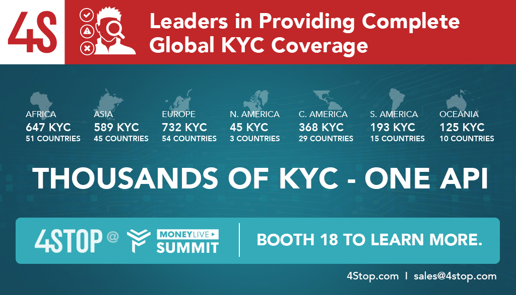 FourStop's tweet photo. @FourStop leaders in providing complete global #KYC coverage and premium #data performance. In one #API access thousands of world class #KYC data sources. Learn more at Booth 18 at #MoneyLiveSummit or visit https://t.co/Fi7UvO7zvz #techsolves #fintechevents https://t.co/di4G1mjbOj