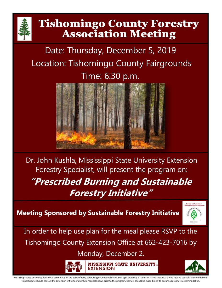 zachyow's tweet photo. The Tishomingo County Forestry Association will have a Forestry Landowner Meeting on Thursday, December 5 at 6:30 p.m. at the Tishomingo County Fairgrounds. Please RSVP by Monday, December 2 to the Tishomingo County Extension Office at 662-423-7016 if you plan to attend. https://t.co/Etw7WojMOJ