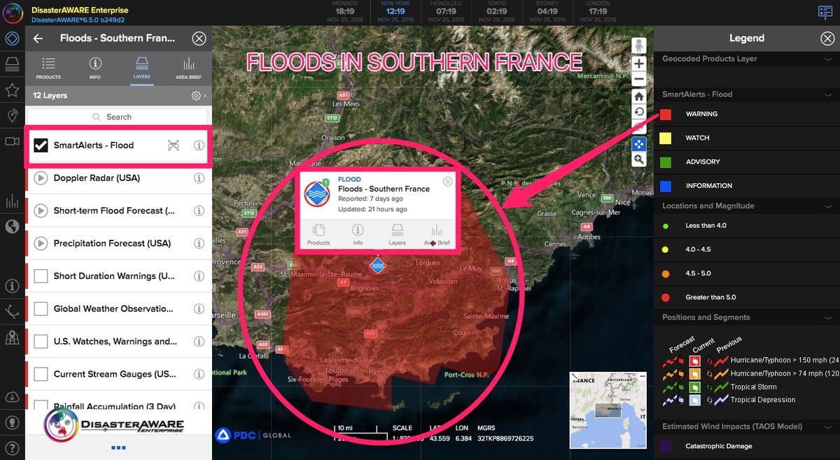 DisasterawareE's tweet photo. #Flood in #SouthernFrance, a viaduct and road has collapsed. 3 are reported dead, many people are also reported missing.
Area in red are at high risk warning, more possible #landslides due to #rainfall as well.
#Share2Help and be safe!
Free Trial: https://t.co/sLRASo826F https://t.co/zFFNSDdBsI