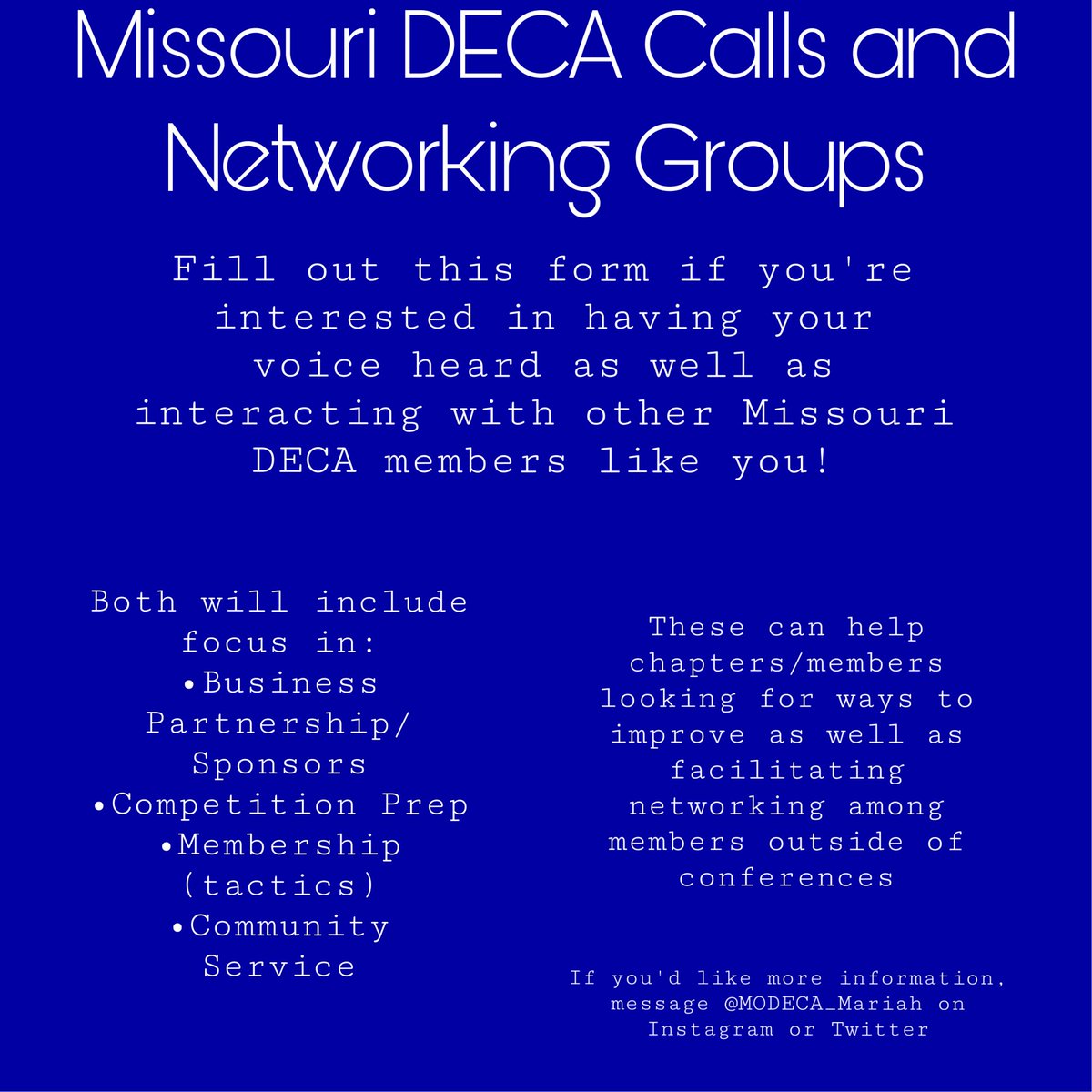 MODECA_Brooke's tweet photo. If you want to be a part of the Missouri DECA statewide calls and networking groups, please contact your District Vice-President! https://t.co/i7XFGvfCaX