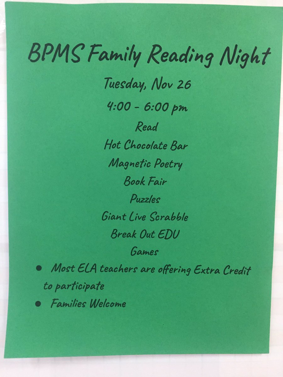 JeanneAken's tweet photo. Come to Family Reading Night!  Magnetic Poetry, Book Fair, BreakOut EDU and a Hot Chocolate Bar! Tuesday, 11/26 from 4-6 pm https://t.co/gfJUz6rrKj