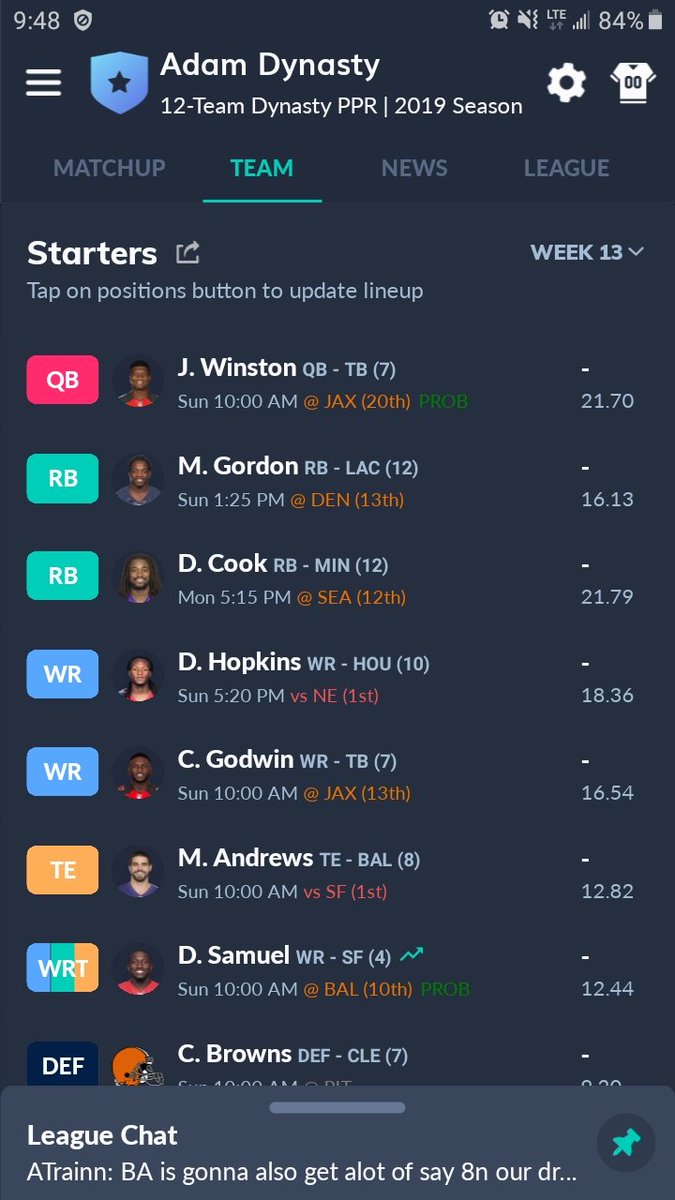 drizzle_kyle's tweet photo. Play off question!?! Week 13 Nuk vs Patriots D would you start him or start Deebo vs Ravens D?? @PauliesSleepers @B_A_Serious84 @mcbreeze11 @sfuzombiefreak @Samuel_Wallace2 #FFfam https://t.co/IlUbA0lc59