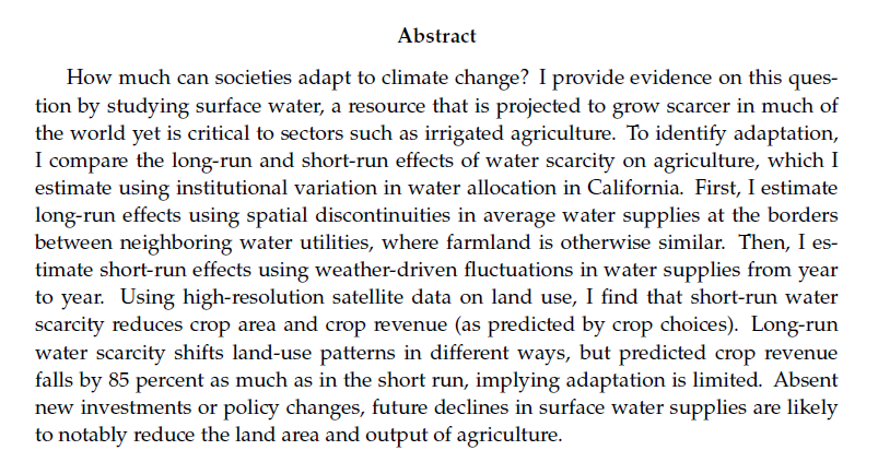 Job Market PaperCan we adapt to environmental change?How important is surface water to the economy?I make progress on these questions in "The Scope for Climate Adaptation: Evidence from Water Scarcity in Irrigated Agriculture"Paper:  https://www.nickhagerty.com/research [THREAD]