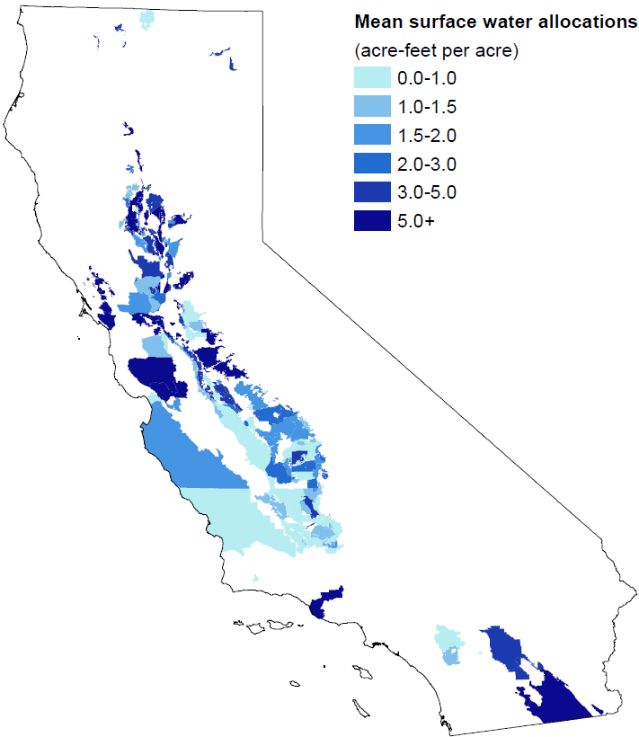 To get at long-run water scarcity, I use quirks of institutional history in California that create spatial discontinuities in average water supplies.Basically, the Central Valley is divided up into 100's of local water districts, and they all have different water entitlements.