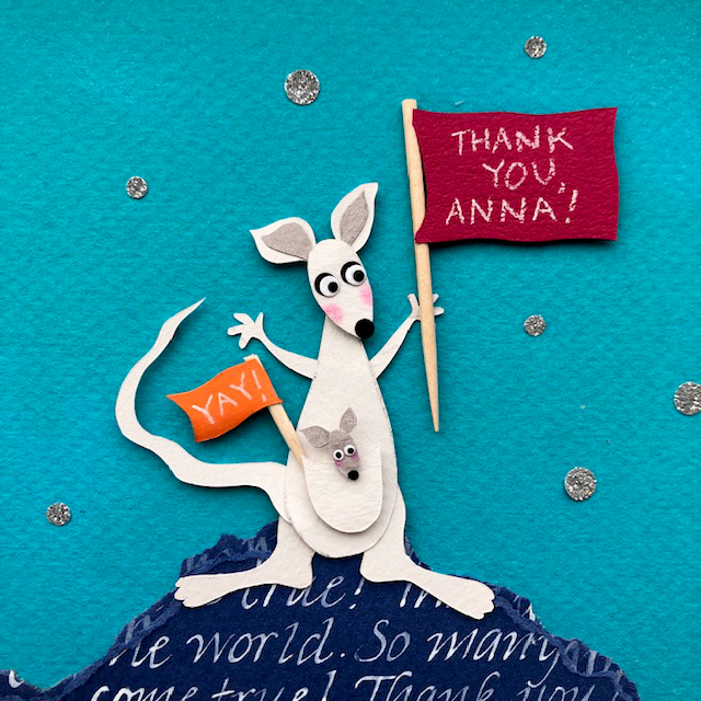 Debut author-illustrator @SusanNovich sent along this "thank you" in her signature cut-paper style when she received her on-signing advance check for HELLO, HANUKKAH," coming next year from Kar Ben.