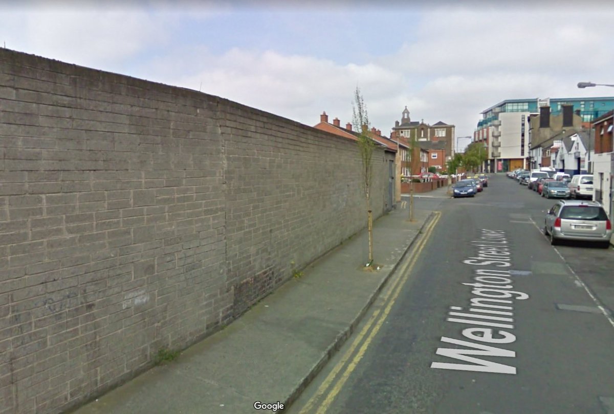 dubcivictrust's tweet photo. Wellington Street Lower shamelessly shimmering in autumnal gold. What a difference a decade makes - contrast the same view in 2009. Decent urban design elements here: quality brick, jazzy railed frontage, miraculously matured birch trees, matching tree guards, residential respect https://t.co/A1djkINOug