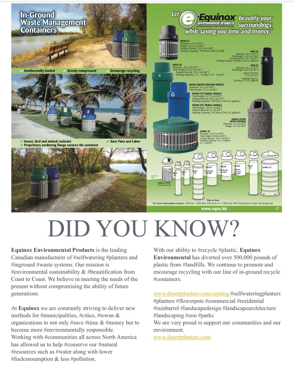 DesertPlanters's tweet image. DID YOU KNOW? Equinox Environmental Products/Desert Planters is the leading Canadian manufacturer of #selfwateringplanters &amp;amp; #inground #waste systems. Our mission is #environmental sustainability &amp;amp; beautification from Coast to Coast.#parks desertplanters.com/catalog/ #containers #zoo
