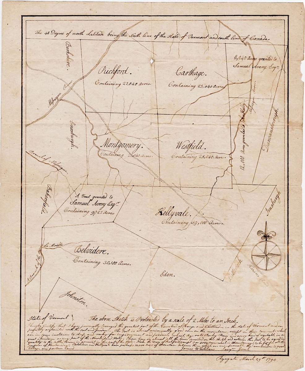 bostonraremaps's tweet photo. A rare 18th-century manuscript map by Vermont Surveyor General James Whitelaw depicting townships in Franklin and Orleans Counties, and an interesting precursor to his landmark 1796 map of the state. #antiquemap #jameswhitelaw #Manuscript #oldmap #rarema https://t.co/AMkevp5m8S https://t.co/KHH2xc1Rhk