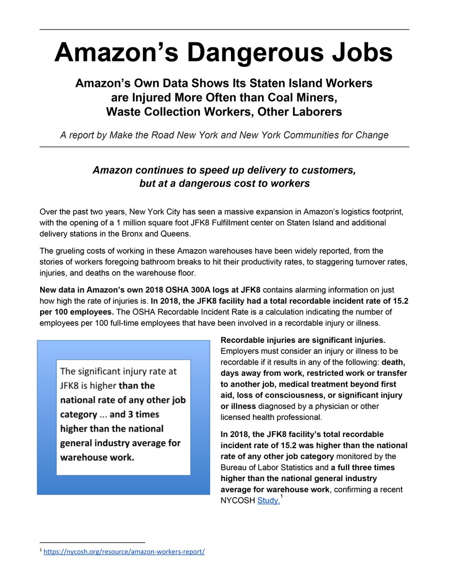 MaketheRoadNY's tweet image. *REPORT RELEASE* @Amazon's OWN DATA reveals workers its Staten Island warehouse suffer more injuries than mineworkers, waste collection workers, other laborers. #HumansNotRobots 

Download the full report by @MaketheRoadNY &amp;amp; @nychange here: maketheroadny.org/amazons-danger…