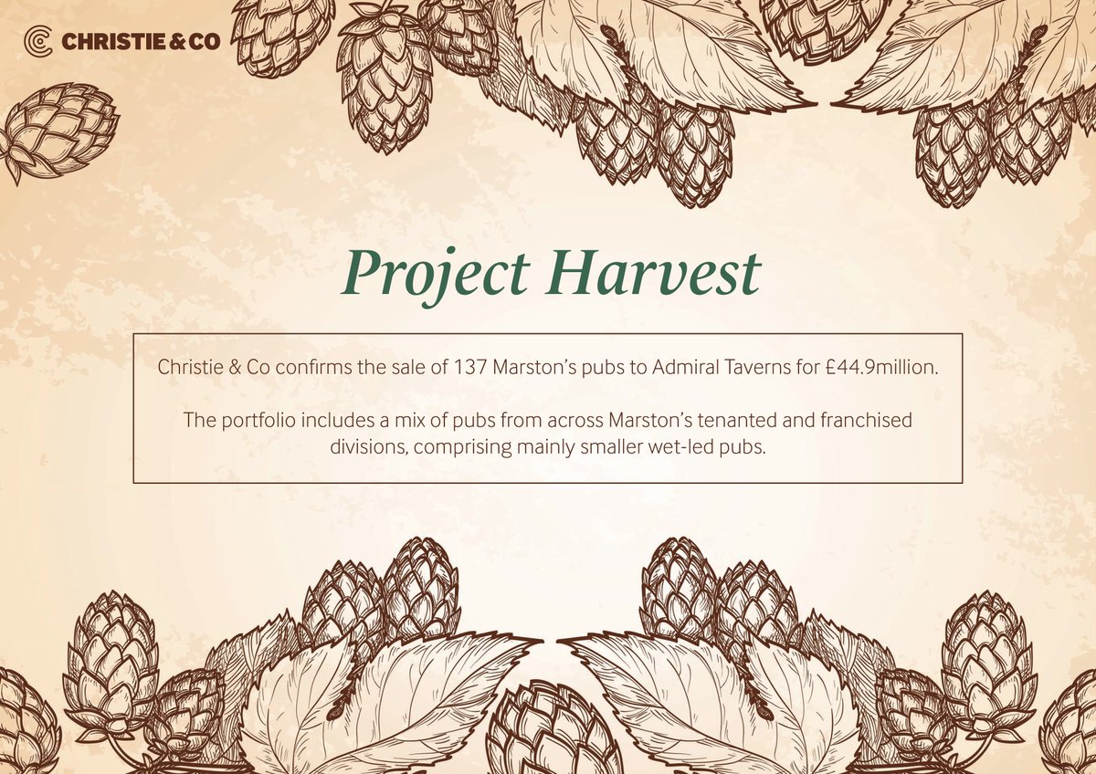 ChristieCo's tweet photo. .@MarstonsBrewery completes on 137 pubs with @Admiral_Taverns for £44.9M
Congratulations to our #pubs team involved in #ProjectHarvest https://t.co/gZSnk7WHTs