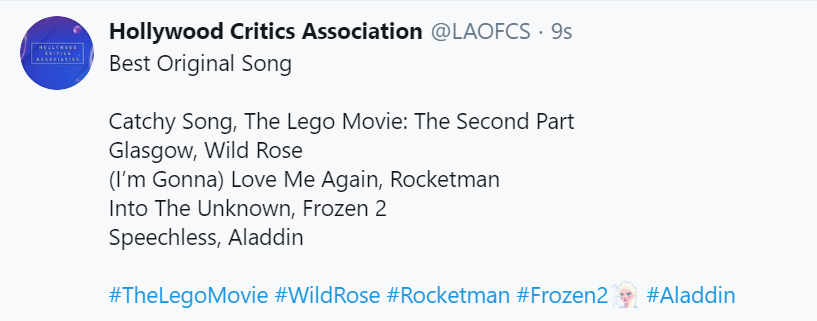 FYC_Oscar's tweet photo. @LAOFCS #HollywoodCriticsAssociation
Los nominados a #MejorCanción:

Catchy Song, #TheLEGOMovie #TheSecondPart
Glasgow #WildRose
(I’m Gonna) Love Me Again #Rocketman
Into The Unknown #Frozen2
Speechless #Aladdin

#HCA #LAOFCS #FYC #Oscars https://t.co/2WoBhAtexy