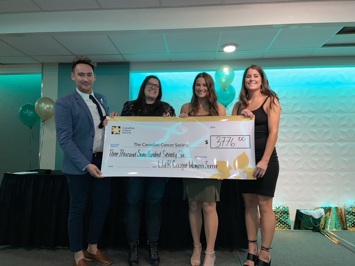 UofRSoccer's tweet photo. Over the weekend we had the privilege of presenting our contribution from our “show cancer the red card” match - we raffles off our jerseys and raised $3776 dollars for the @cancersociety @LisaRobo11 @ReginaCougars @UofRegina @vianne_timmons https://t.co/k19JB0nMtO