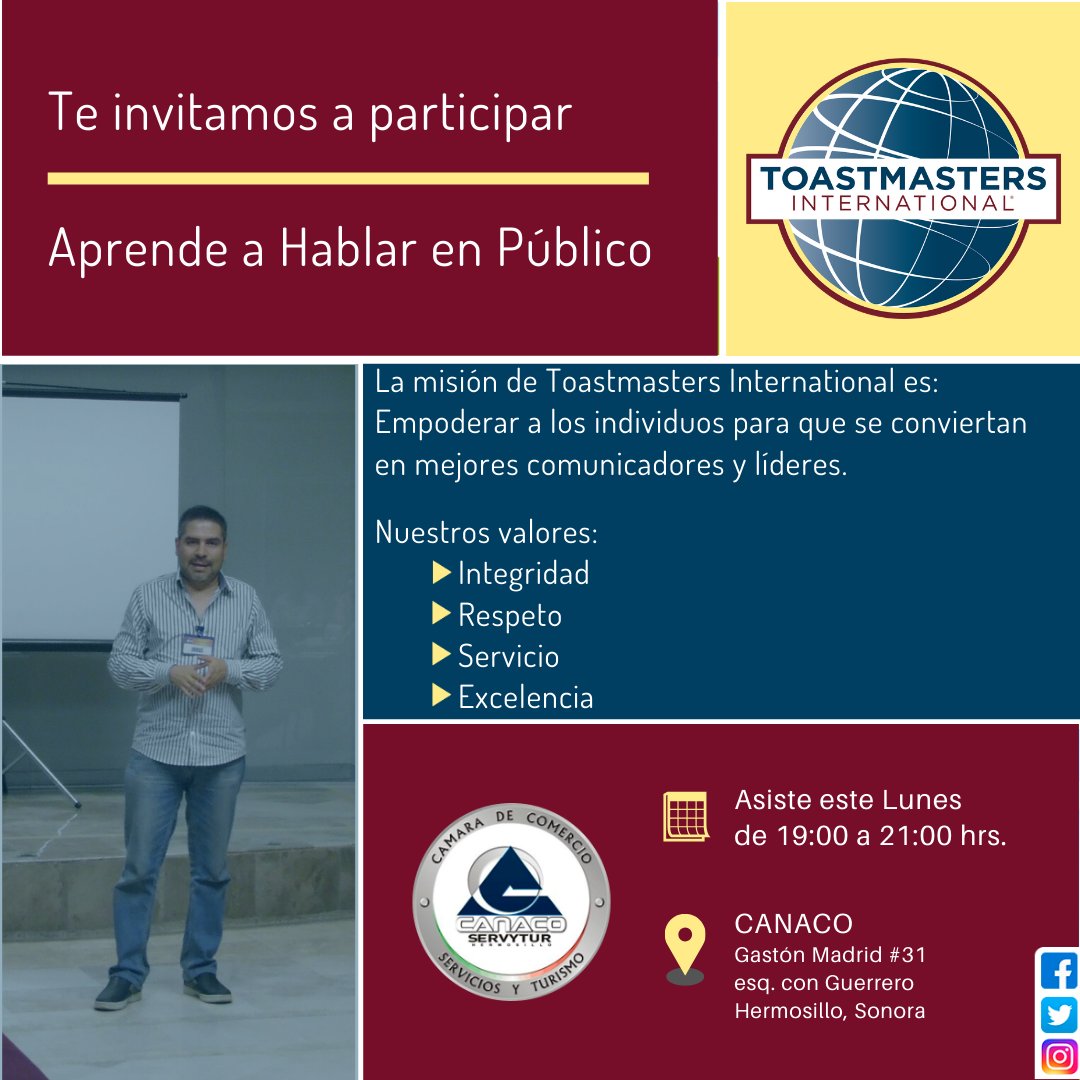 ¿Te interesa incrementar tu confianza al hablar en público?

En Toastmasters desarrollarás habilidades de comunicación.

⚠️ Asiste sin costo

🗓 Lunes 25 de Noviembre 
⏰ De 7:00 PM a 9:00 PM
📍 En @canacohermosillo - Av Gaston Madrid 31 esq. Guerrero

Necesario agendar visita.