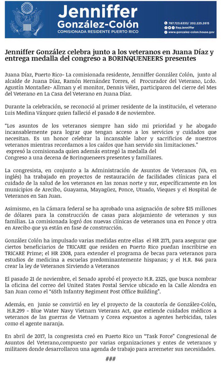 Jenniffer's tweet photo. Los asuntos de los veteranos siempre han sido mi prioridad y he abogado incansablemente para lograr que tengan acceso a los servicios y cuidados que necesitan. https://t.co/tCru09pS8e