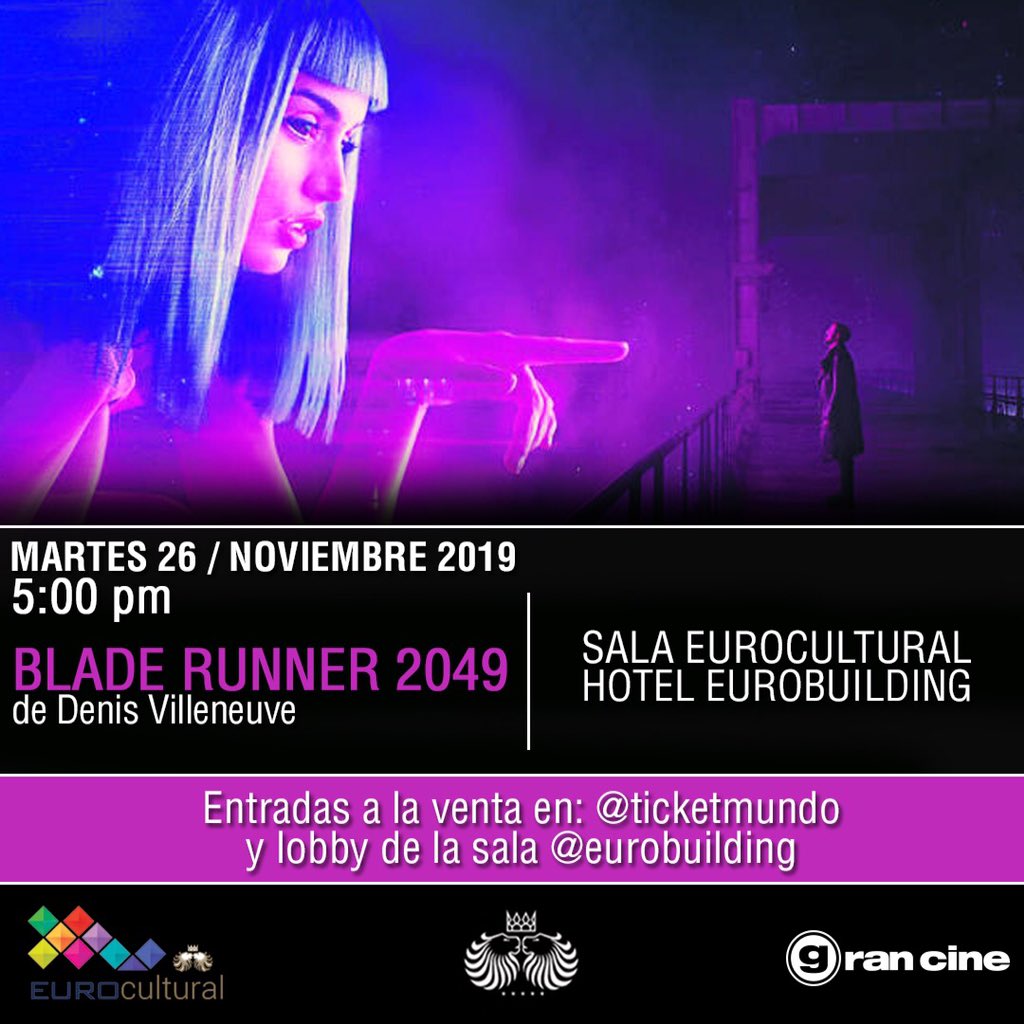 #MartesSelectos  <a href="/Gran_Cine/">@gran_cine</a> nos trae la película  BLADE RUNNER 2049 (Reino Unido – USA – Canadá, 2017.)   
Dirección: Denis Villeneuve.  Reparto: Ryan Gosling,  Ana de Armas, Robin Wright, Jared Leto, Dave Bautista, Harrison Ford, Edward James Olmos. #Eurocultural #Eurobuilding