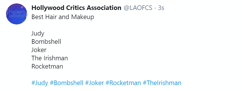 FYC_Oscar's tweet photo. @LAOFCS #HollywoodCriticsAssociation
Los nominados a #MejorMaquillaejPeluquería
#Judy
#Bombshell
#Joker
#TheIrishman
#Rocketman

#HCA #LAOFCS #FYC #Oscars https://t.co/G0cctJrzVI