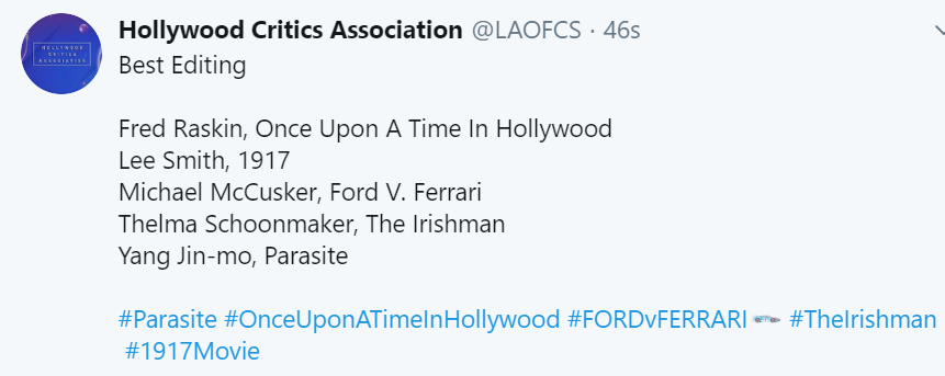 FYC_Oscar's tweet photo. @LAOFCS #HollywoodCriticsAssociation
Los nominados a #MejorMontaje
Fred Raskin #OnceUponATimeInHollywood
Lee Smith #1917Movie
Michael McCusker #FordVFerrari 
Thelma Schoonmaker #TheIrishman
Yang Jin-mo #Parasite

#HCA #LAOFCS #FYC #Oscars https://t.co/8h6fOEjgrK
