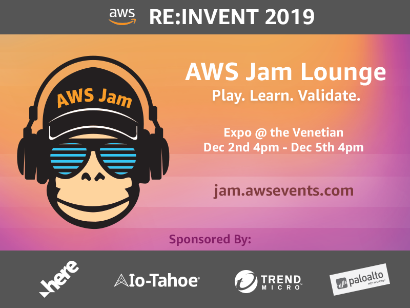 mattbretan's tweet image. Only 1 week out from @awscloud re:Invent 2019! Excited to host our Jam Lounge within the Expo presented by @here
@IoTahoe @PaloAltoNtwks @TrendMicro

Come gain some free hands-on exposure to AWS &amp;amp; partner solutions in a fun competitive environment! 

#AWSJam #awsreinvent