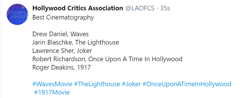 FYC_Oscar's tweet photo. @LAOFCS #HollywoodCriticsAssociation
Los nominados a #MejorFotografía
Drew Daniel #Waves
Jarin Blaschke #TheLighthouse
Lawrence Sher #Joker
Robert Richardson #OnceUponATimeInHollywood 
Roger Deakins #1917Movie

#HCA #LAOFCS #FYC #Oscars https://t.co/d561ihrcAw