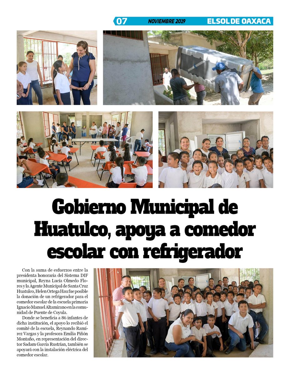 VicManOaxaca's tweet photo. #ElSoldeOaxaca #Num289 #Mes11 #Pag7 
* Gobierno Municipal de Huatulco, apoya a comedor escolar con refrigerador https://t.co/BmaoxiOqkh