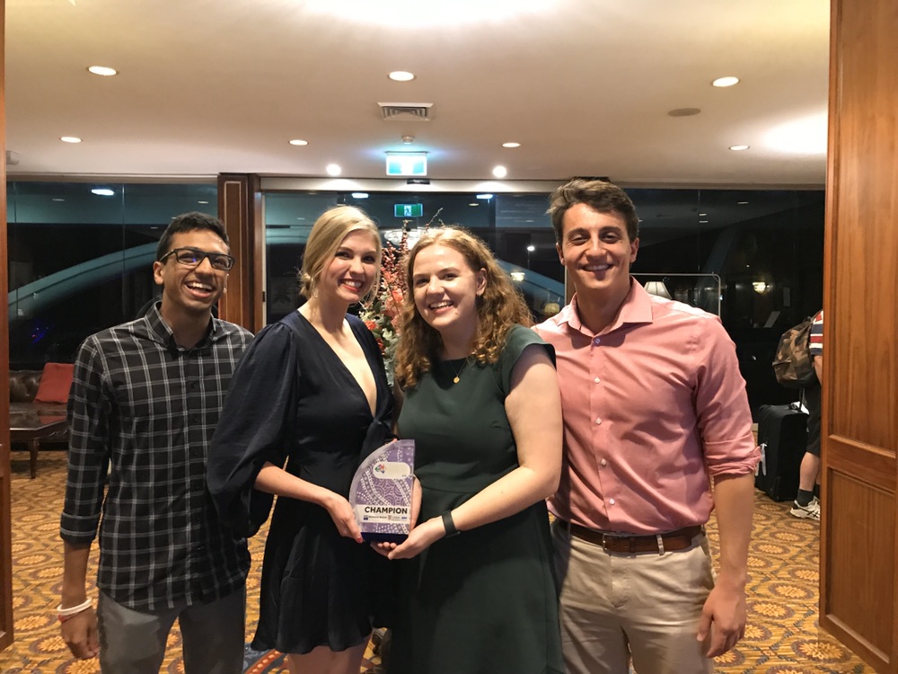 KelleySchool's tweet photo. Congrats to Bridget Caraher, Brad Lewis, Molly McGuire, and Neil Shah for taking home first place in the Australian University Business Case Competition (AUBCC). Way to go, Kelleys! https://t.co/UqT0vqHh2e