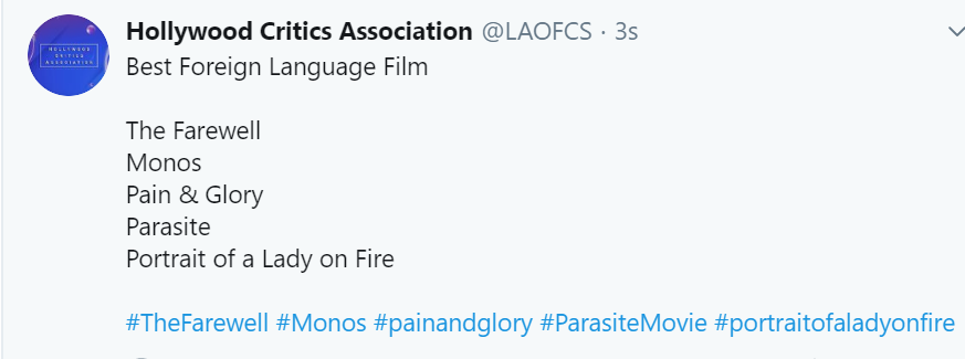 FYC_Oscar's tweet photo. @LAOFCS #HollywoodCriticsAssociation
Los nominados a #MejorPelículaExtranjera
#TheFarewell
#Monos
#DolorYGloria
#Parasite
#PortraitDeLaJeuneFilleEnFeu

#HCA #LAOFCS #FYC #Oscars https://t.co/uVJpvGHaHw