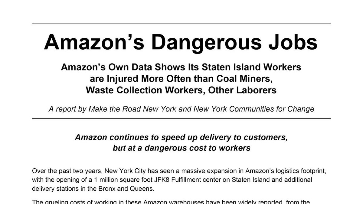 ALIGNny's tweet image. *REPORT RELEASE* @Amazon's OWN DATA reveals workers its Staten Island warehouse suffer more injuries than mineworkers, waste collection workers, other laborers. #HumansNotRobots 

Download the full report by @MaketheRoadNY &amp;amp; @nychange here: maketheroadny.org/amazons-danger…