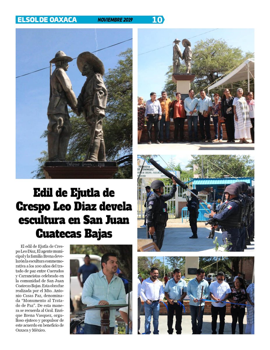 VicManOaxaca's tweet photo. #ElSoldeOaxaca #Num289 #Mes11 #Pag10 
* Edil de Ejutla de Crespo @Leo_Diazj devela escultura en San Juan Cuatecas Bajas. https://t.co/5fsMLsXfjj