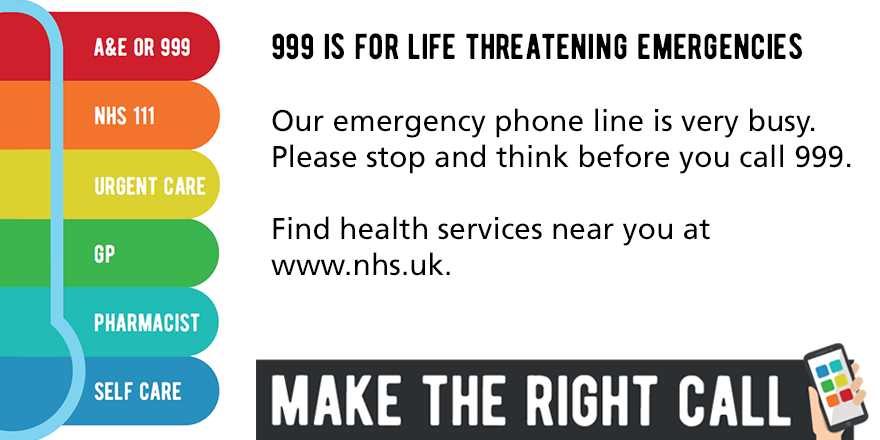 NWAmbulance's tweet image. We're getting lots of 999 calls for emergencies tonight. 
🚑

Please do only call us if you really need to. 
Don't forget you can call NHS 111 or go online if you need urgent medical advice and you're not sure where to turn. 

111.nhs.uk

#WeAre111
#MakeTheRightCall