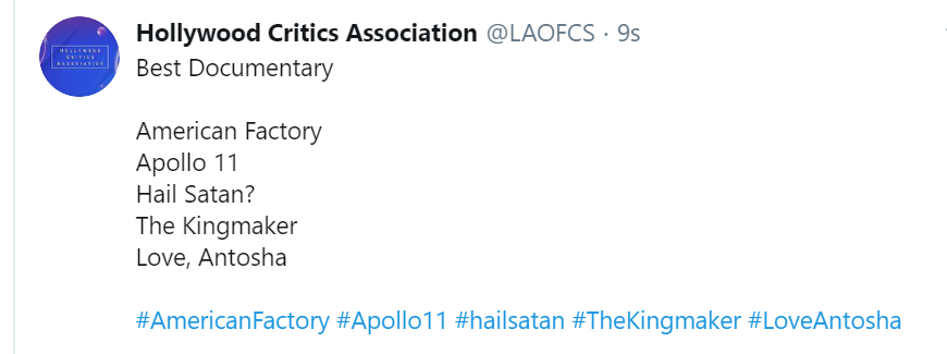 FYC_Oscar's tweet photo. @LAOFCS #HollywoodCriticsAssociation
Los nominados a #MejorLargometrajeDocumental
#AmericanFactory
#Apollo11
#HailSatan
#TheKingmaker
#LoveAntosha

#HCA #LAOFCS #FYC #Oscars https://t.co/8e4E1GKun4