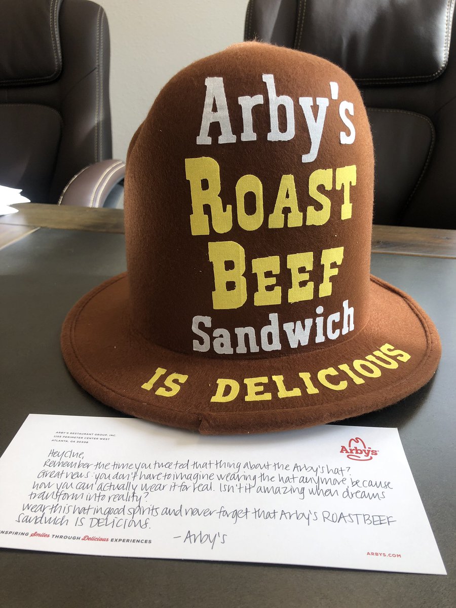 Clue Heywood On Twitter I Absolutely Cannot Believe This But Arbys Sent Me The Hat Finally Twitter Pays Off Also I Heard That If You Wear This Hat Into Arby S Then Clap