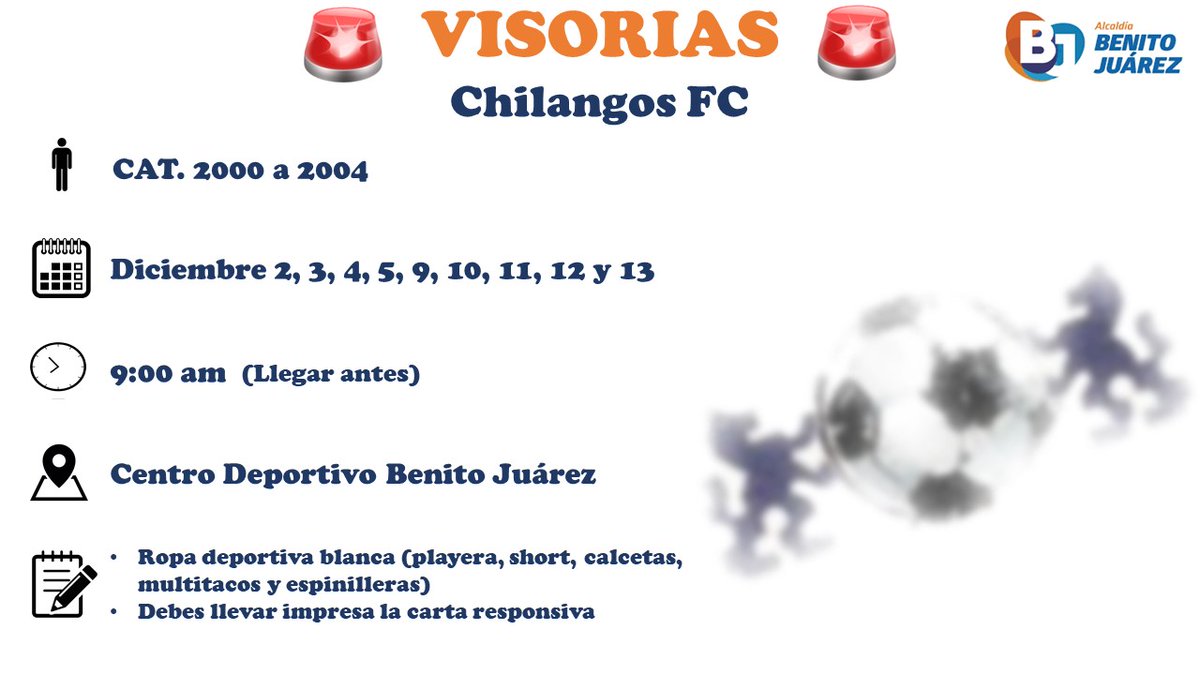 FcChilangos's tweet photo. 🚨Visorias🚨

¡Forma parte de Chilangos FC!

Asiste, sin ningun, costo a nuestras visorias que se realizarán en @BJAlcaldia

Serán los días 2, 3, 4, 5, 9, 10, 11, 12 y 13 de diciembre a las 9 am

Categoría 2000 a 2004

Descarga tu carta de responsiva

#Visorias #Tercera https://t.co/HxxWmfT0gB