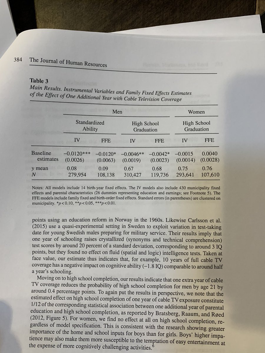 So what do they find? Iu2019ll focus on the beautiful pictures. They find gender differences, first thing to keep in mind. Boyu2019s cognitive ability is negatively effected by exposure but not really females. How much? 10 hrs of full cable TV coverages reduces IQ by 1.8 points