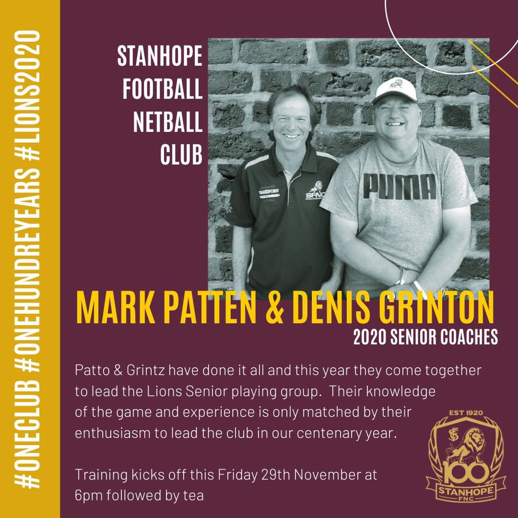 We are looking forward to getting started on the 2020 season with Patto &amp; Grintz at the helm. Our first training session will be Friday 29th November at 6pm. We invite all players and supporters to join us as we kick the season off. #OneClub #OneHundredYears #Lions2020 <a href="/KDFNL/">Kyabram District League</a>