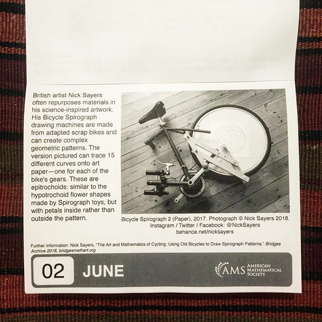 NickSayers's tweet photo. My Bicycle Spirograph 2 drawing machine is in the 2020 American Mathematical Society calendar! Very proud. I’m in with a lot of other fascinating “math” people and puzzles. Also, I chose my daughter’s birthday as the page to be on. #GiantDrawingMachines #spirograph #epitroch… https://t.co/ymnAsN1MbW
