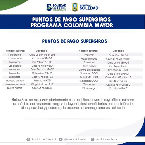 socialsoledad's tweet photo. ¡El jueves 28 de noviembre inician los pagos de Colombia Mayor en Soledad! 🗣🗣🗣
Los beneficiarios del programa, podrán reclamar su incentivo del mes de noviembre hasta el 4 de diciembre. 
Conoce el cronograma completo y los puntos de pago @SuperGIROS_  aquí. 👇🏻👇🏻👇🏻 https://t.co/6jcy6TUwcA
