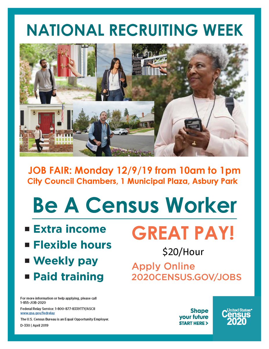 Looking for a job? Join us for a 2020 Census Taker Job Fair!

Monday 12/9/19 from 10am to 1pm
City Council Chambers, 1 Municipal Plaza

Learn more and apply online at 2020census.gov/jobs #2020CensusJobs